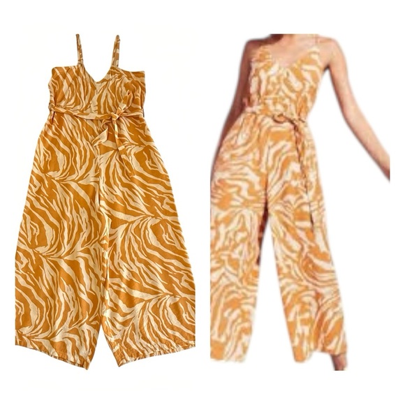 Jessica Simpson Wide‑Leg Jumpsuit M Mustard Tiger Print V‑Neck Spaghetti Straps - Picture 1 of 8